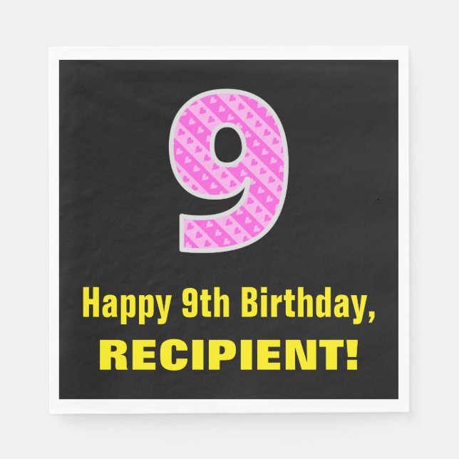 9th Birthday: Pink Stripes and Hearts "9" + Name Napkin (Front)