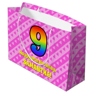 9th Birthday: Pink Stripes & Hearts, Rainbow # 9 Large Gift Bag