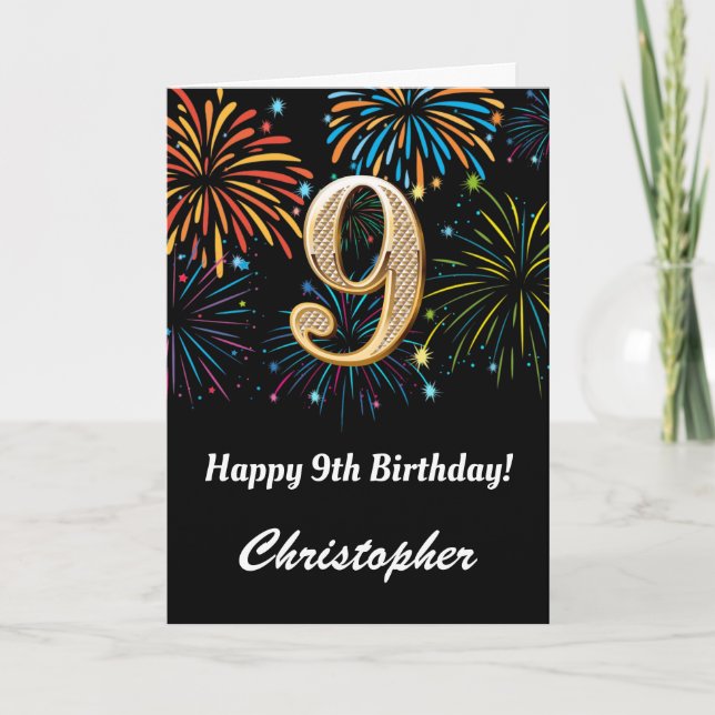 9th Birthday Rainbow Fireworks Black and Gold Card (Front)