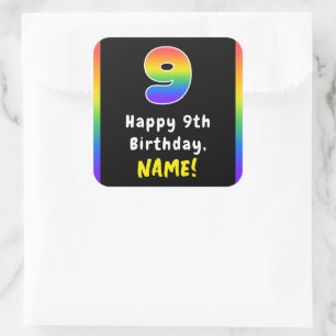 9th Birthday: Rainbow Spectrum # 9, Custom Name Square Sticker
