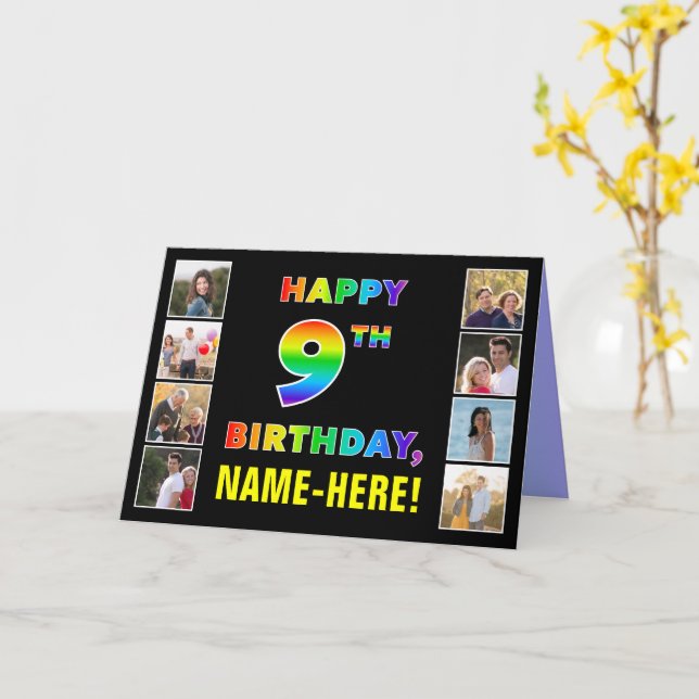 9th Birthday: Rainbow Text, Custom Photos & Name Card (Yellow Flower)