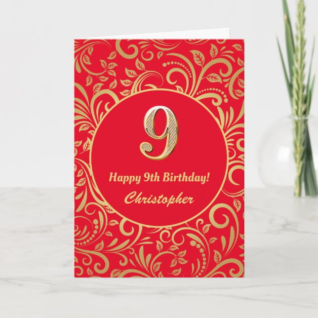9th Birthday Red and Gold Floral Pattern Card (Front)