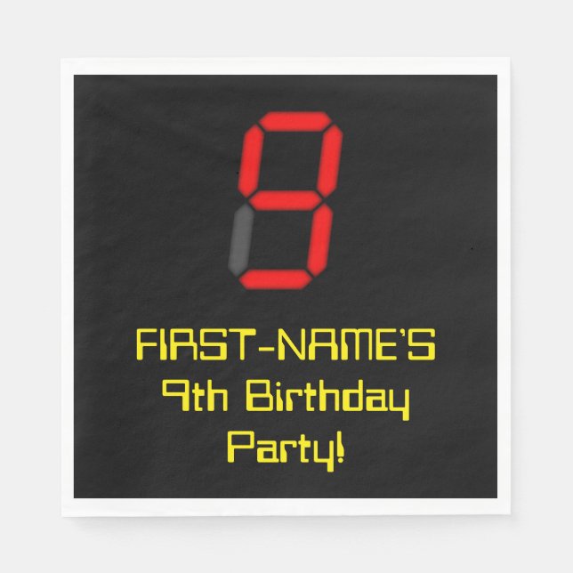 9th Birthday: Red Digital Clock Style "9" + Name Napkin (Front)