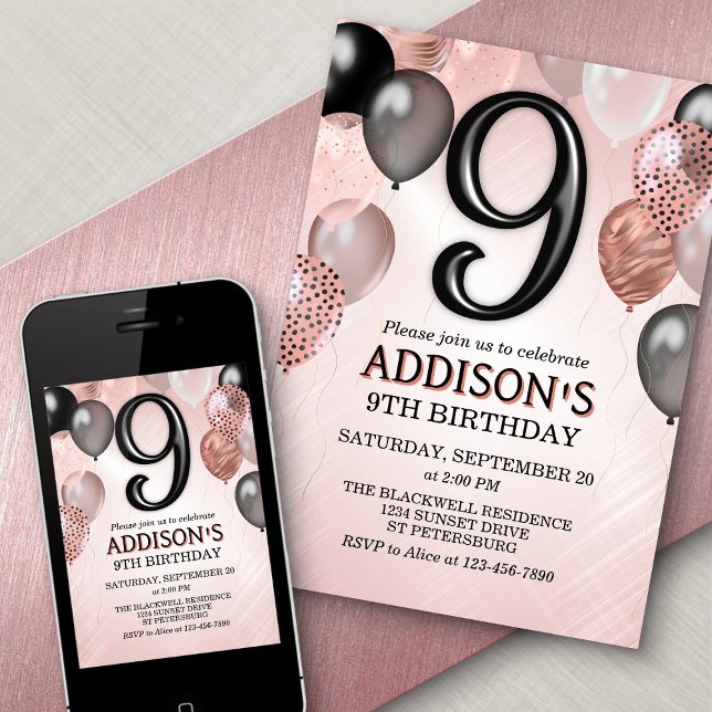 9th Birthday Rose Gold Balloons Invitation (Creator Uploaded)