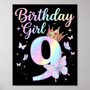 9th Birthday Shirt Girl Nine 9 Year Old Butterfly Poster