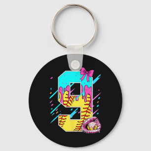 9th Birthday Softll Ice Cream Drip Bow 9 Years Kid Key Ring