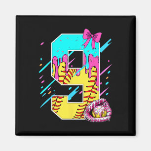 9th Birthday Softll Ice Cream Drip Bow 9 Years Kid Magnet
