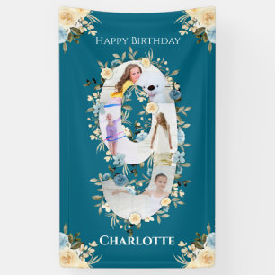 9th Birthday Teal Flower Photo Collage Blue Yellow Banner