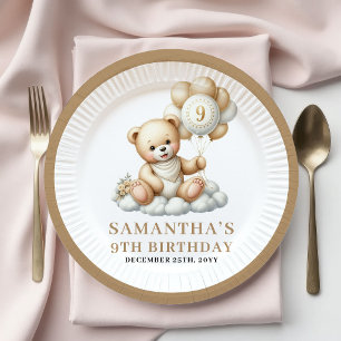 9th Birthday Teddy Bear Gold Ivory Balloon Plates