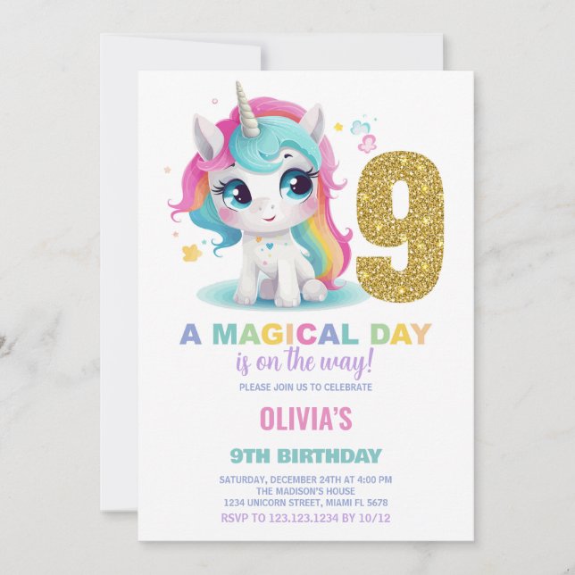 9th Birthday Unicorn Birthday Invitations (Front)
