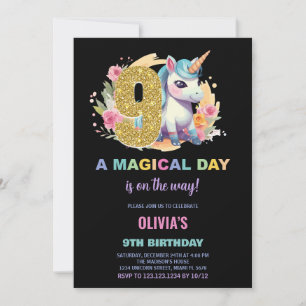 9th Birthday Unicorn Birthday Invitations