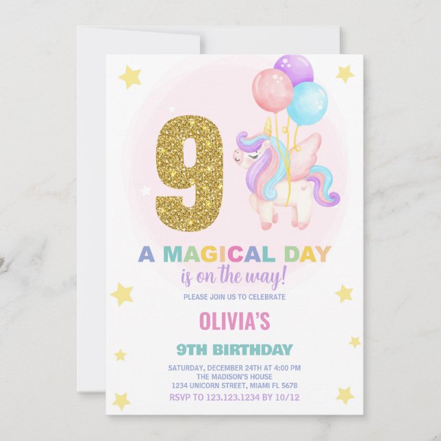 9th Birthday Unicorn Birthday Invitations (Front)