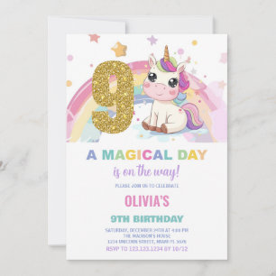 9th Birthday Unicorn Birthday Invitations
