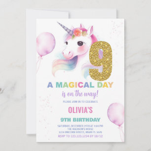 9th Birthday Unicorn Birthday Invitations