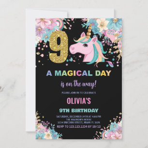 9th Birthday Unicorn Birthday Invitations