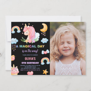 9th Birthday Unicorn Birthday Invitations w photo