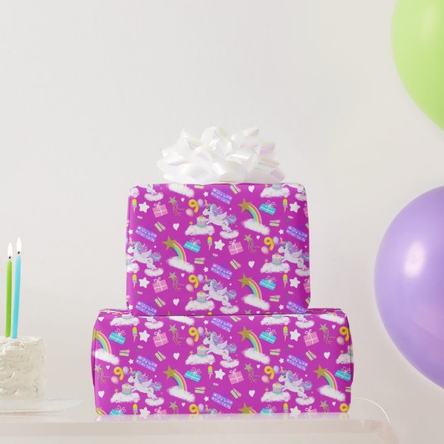 9th Birthday Unicorn Pattern Purple Wrapping Paper (Party Gifts)