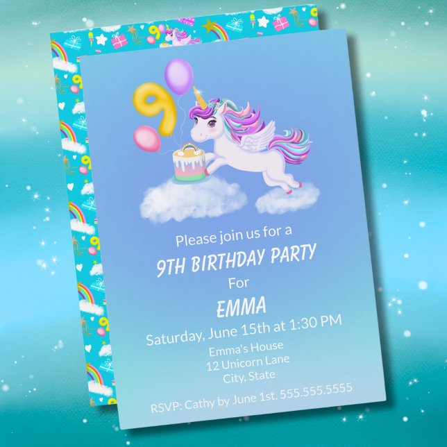 9th Birthday Unicorn With Cake Invitation (Creator Uploaded)