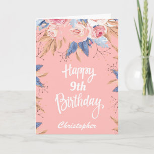9th Birthday Watercolor Botanical Pink Floral Card