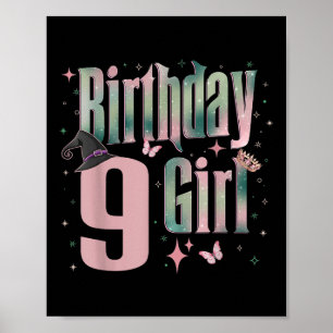 9th Birthday Witch Pink And Green 9 Year Old Birth Poster