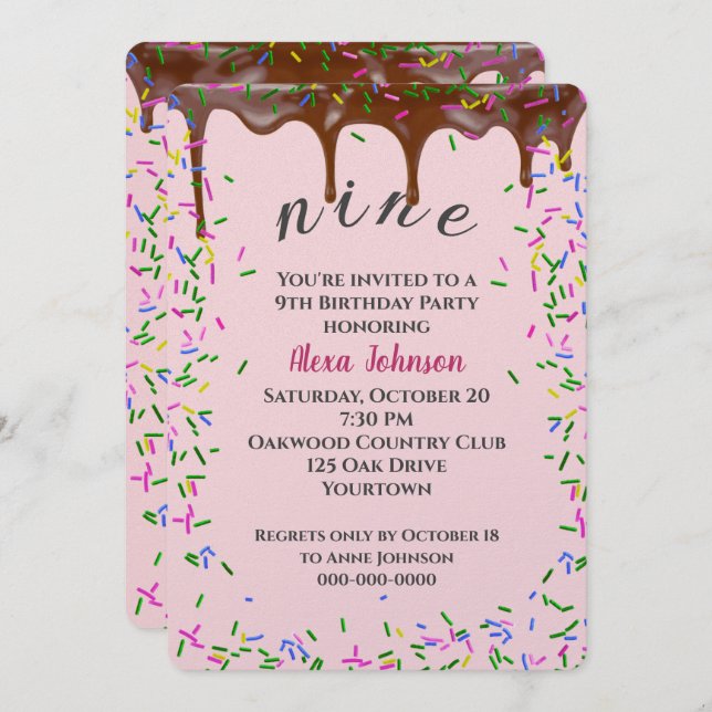 9th Birthday With Chocolate Icing And Sprinkles Invitation (Front/Back)