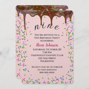 9th Birthday With Chocolate Icing And Sprinkles Invitation