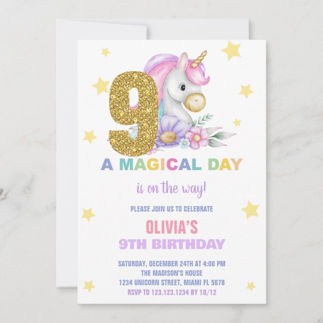 9th Floral Unicorn Birthday Invitations (Front)