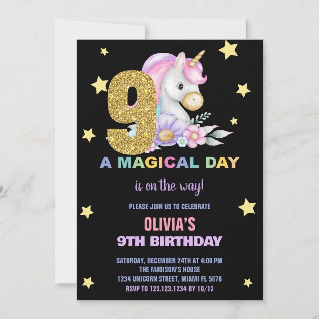 9th Floral Unicorn Birthday Invitations (Front)