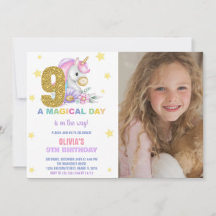 9th Floral Unicorn Birthday Invitations with Photo