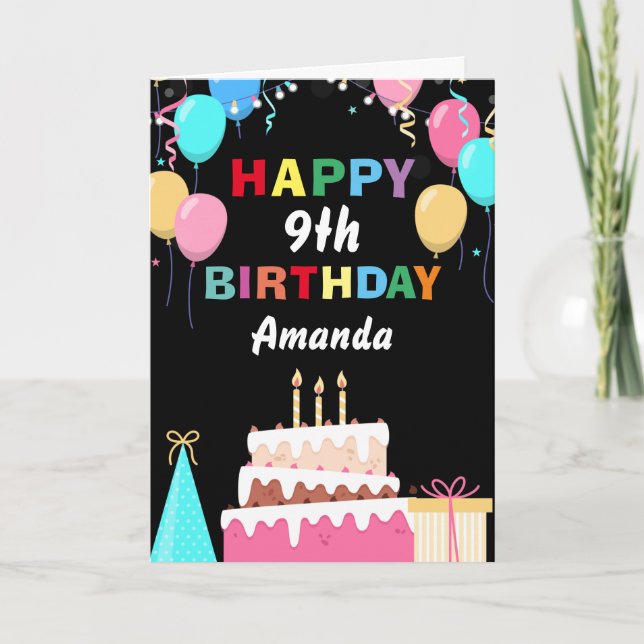 9th Happy Birthday Colourful Balloons Cake Black Card (Front)