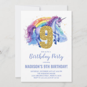 9th Rainbow Unicorn Birthday Invitations