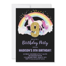 9th Rainbow Unicorn Birthday Invitations