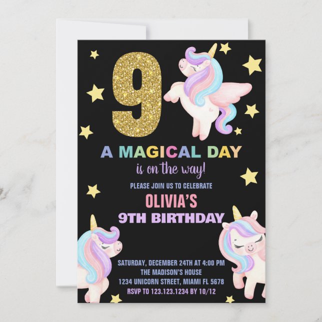 9th Rainbow Unicorn Birthday Invitations Fly (Front)