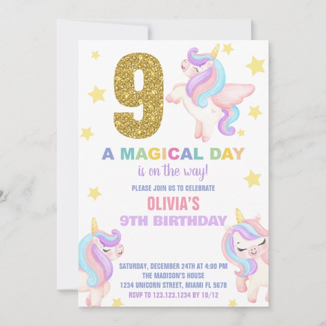 9th Rainbow Unicorn Birthday Invitations Fly (Front)