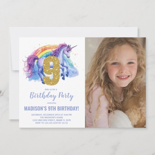 9th Rainbow Unicorn Birthday Invitations photo (Front)