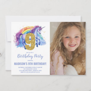 9th Rainbow Unicorn Birthday Invitations photo