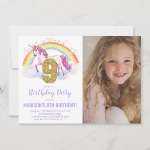 9th Rainbow Unicorn Birthday Invitations photo