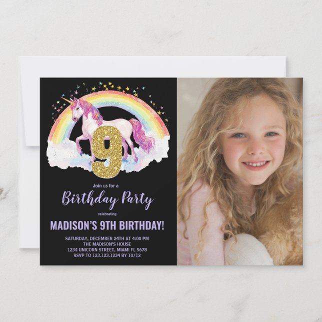 9th Rainbow Unicorn Birthday Invitations photo (Front)