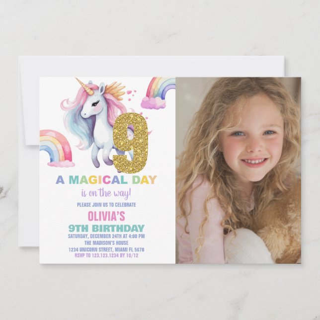 9th Rainbow Unicorn Birthday Invitations w photo (Front)