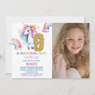 9th Rainbow Unicorn Birthday Invitations w photo