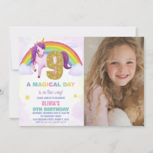 9th Rainbow Unicorn Birthday Invitations w photo