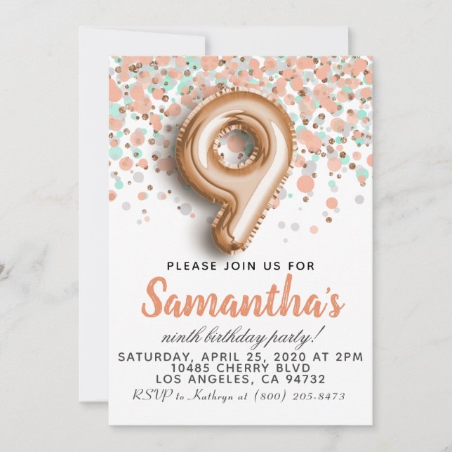 9th Rose Gold Birthday Invitation (Front)
