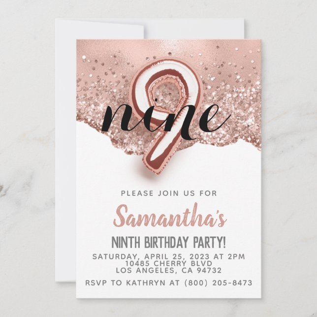 9th Rose Gold Birthday Invitation (Front)
