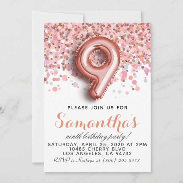 9th Rose Gold Birthday Invitation (Front)