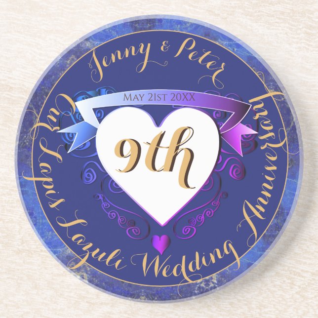 9th Wedding Anniversary Lapis Lazuli Colour  Coaster (Front)