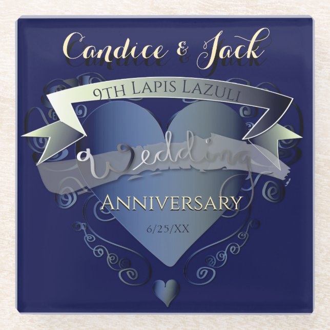9th Wedding Anniversary Lapis Lazuli Glass Coaster (Front)