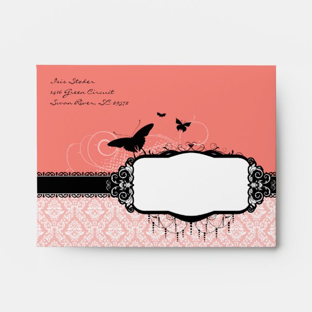 A2 Coral Pink Butterfly Damask Envelopes (Front)