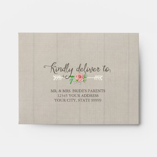 A2 Preprinted RSVP Boho Bohemian Floral Wooden Art Envelopes (Front)