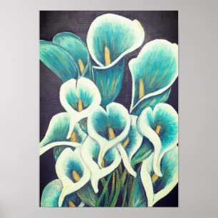 A3 Beautiful Teal Flowers acrylic Painting Print