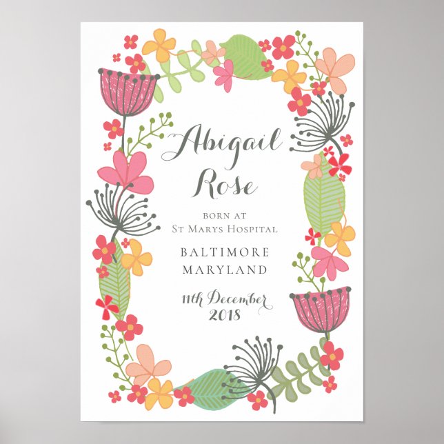 A3 New Baby Girl Birth Announcement Keepsake Poster (Front)